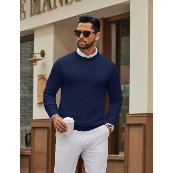 Coofandy Men Navy Blue Crew Neck Pullover Long Sleeve Lightweight Dress Sweater - Picture 3 of 6